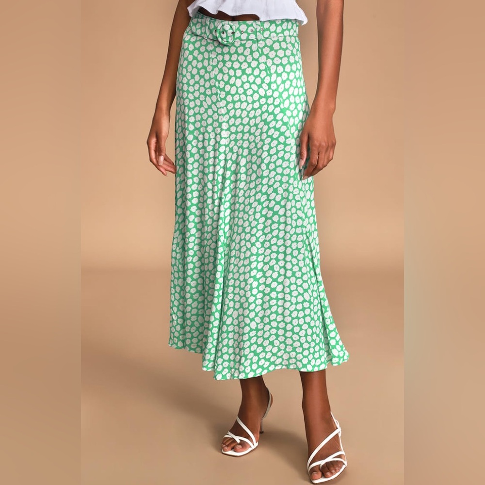 Valensole Green Floral Print Belted Midi Skirt, US 6 - Picture 2 of 7